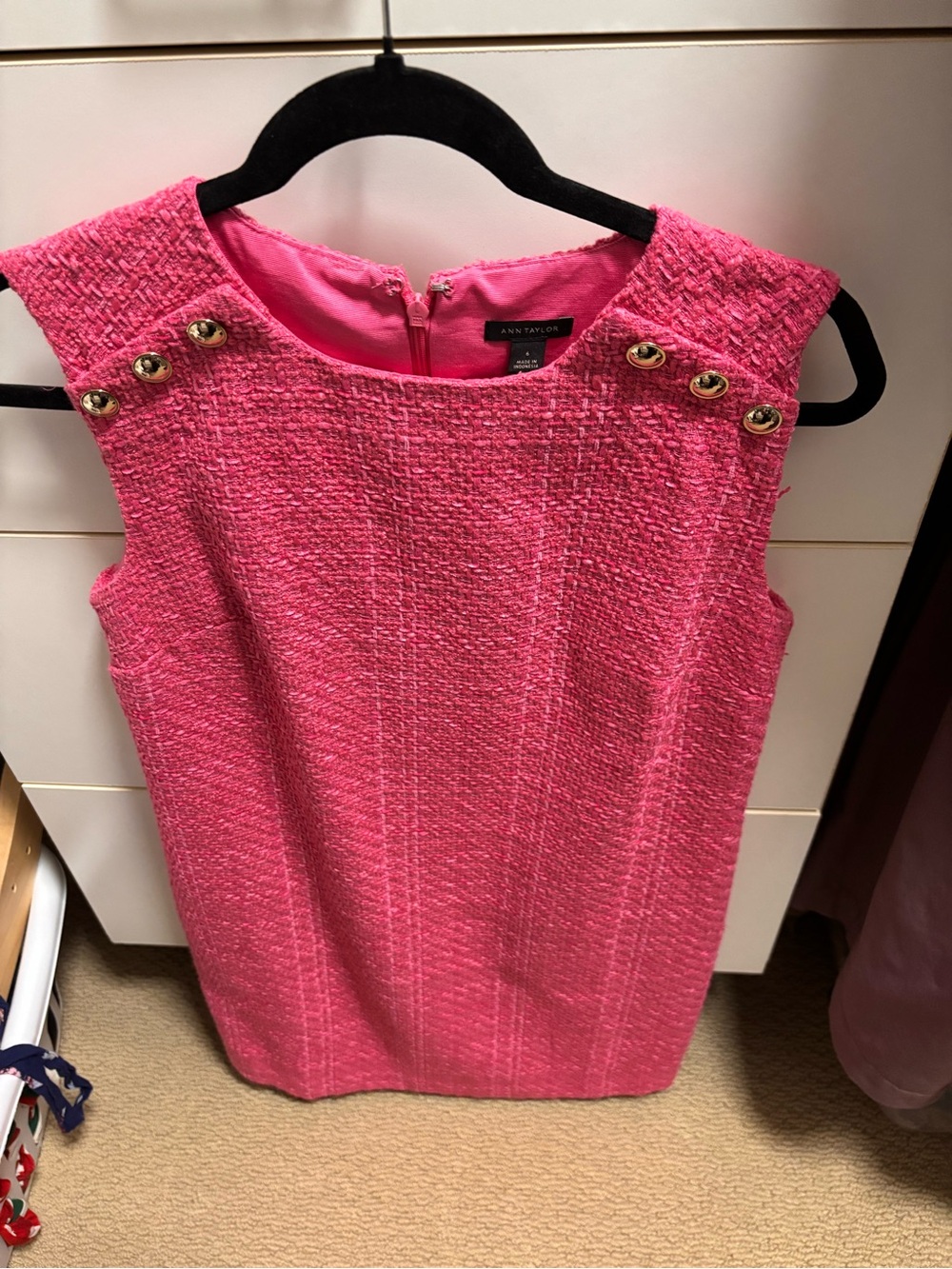This is the Ann Taylor Pink Tweed Shoulder-Button Shift Dress, size 6.
